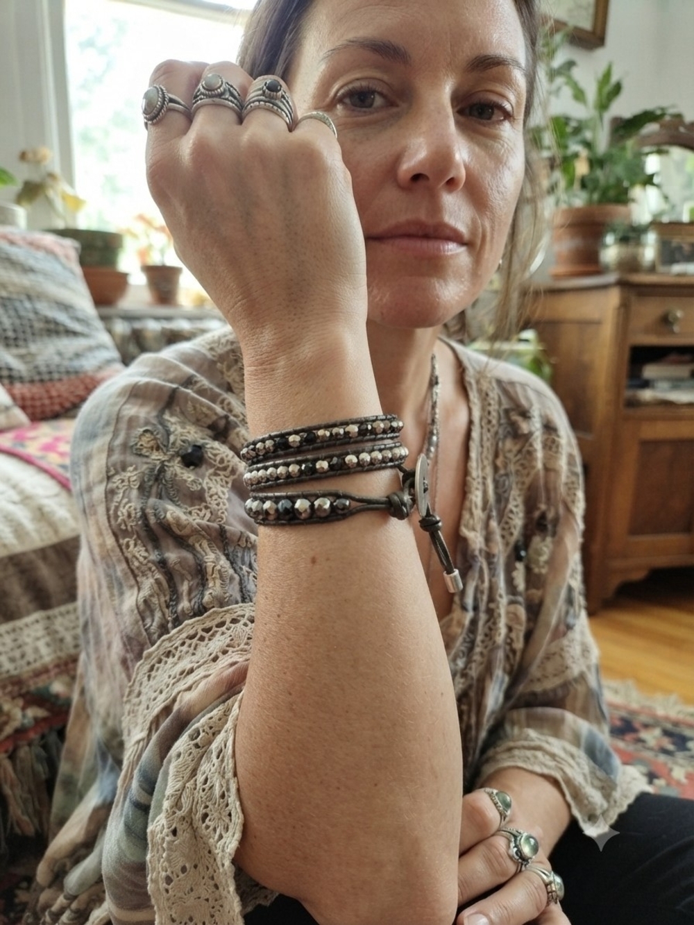 Premier Designs Black Multi-Row Wrap Bracelet with Metallic Beads